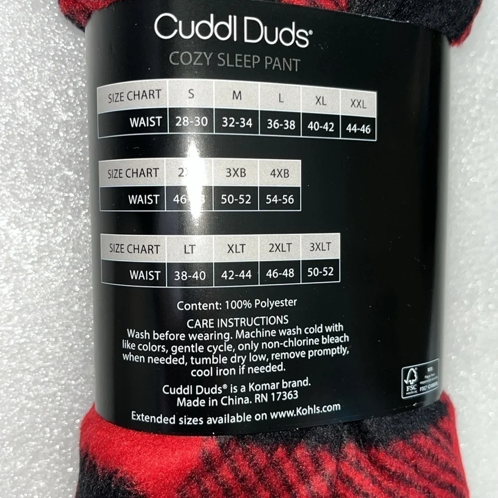 🆕 Men’s Cuddl Duds Cozy Sleep Pant Red Black Checkered Bear Print Size Large